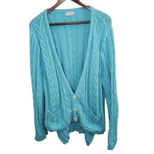 Pink Lily Teal Blue Cable Knit Sweater Size Large Cotton Blend